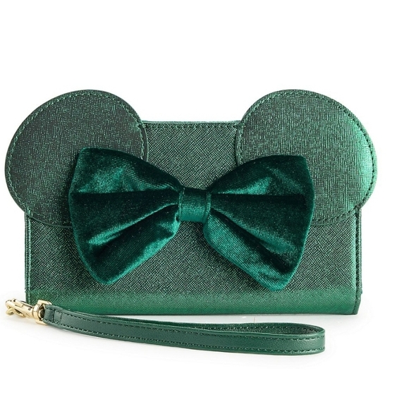 Disney Bioworld Minnie Mouse Green Shimmer Tech Wallet Wristlet Ears Bow Nwt - Picture 3 of 5